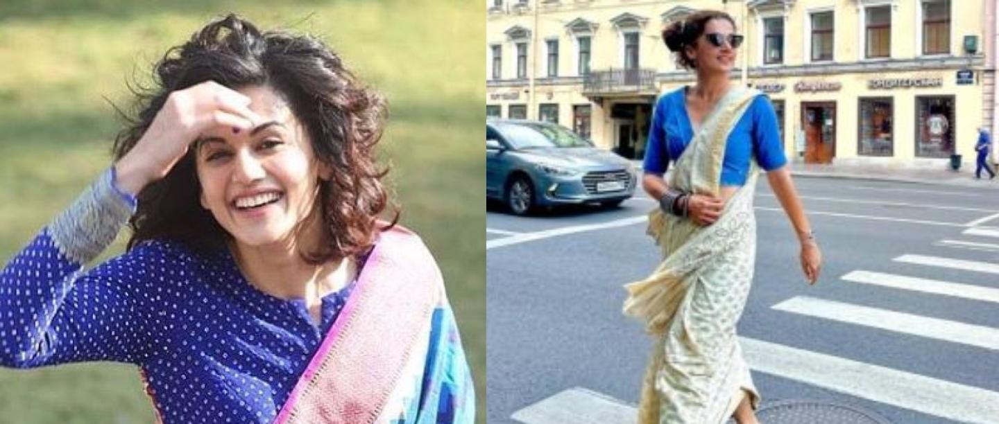 तापसी पन्नू साड़ी लुक, russia holiday actress taapsee pannu saree look