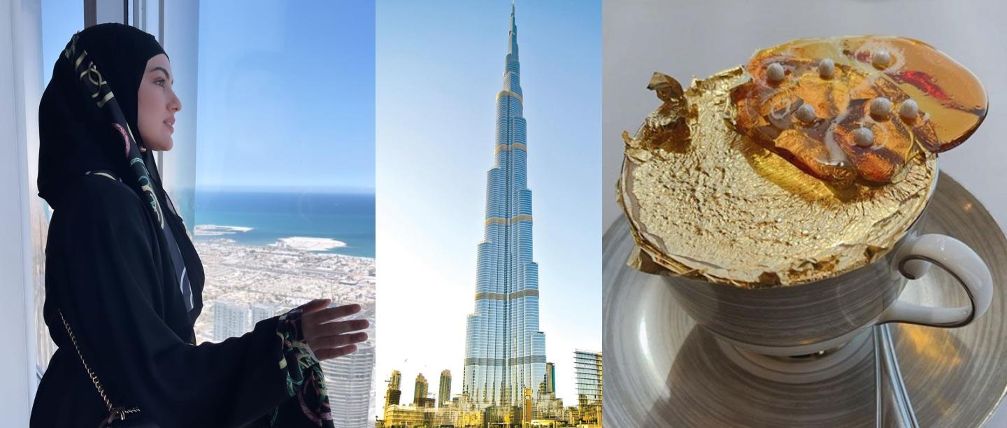बुर्ज खलीफा, sana khan sipping gold plated coffee at burj khalifa