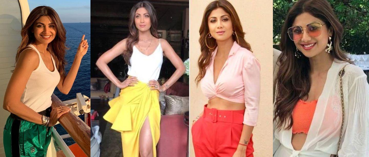 shilpa shetty outfit ideas, white and bright color combination outfit ideas, celeb outfit ideas